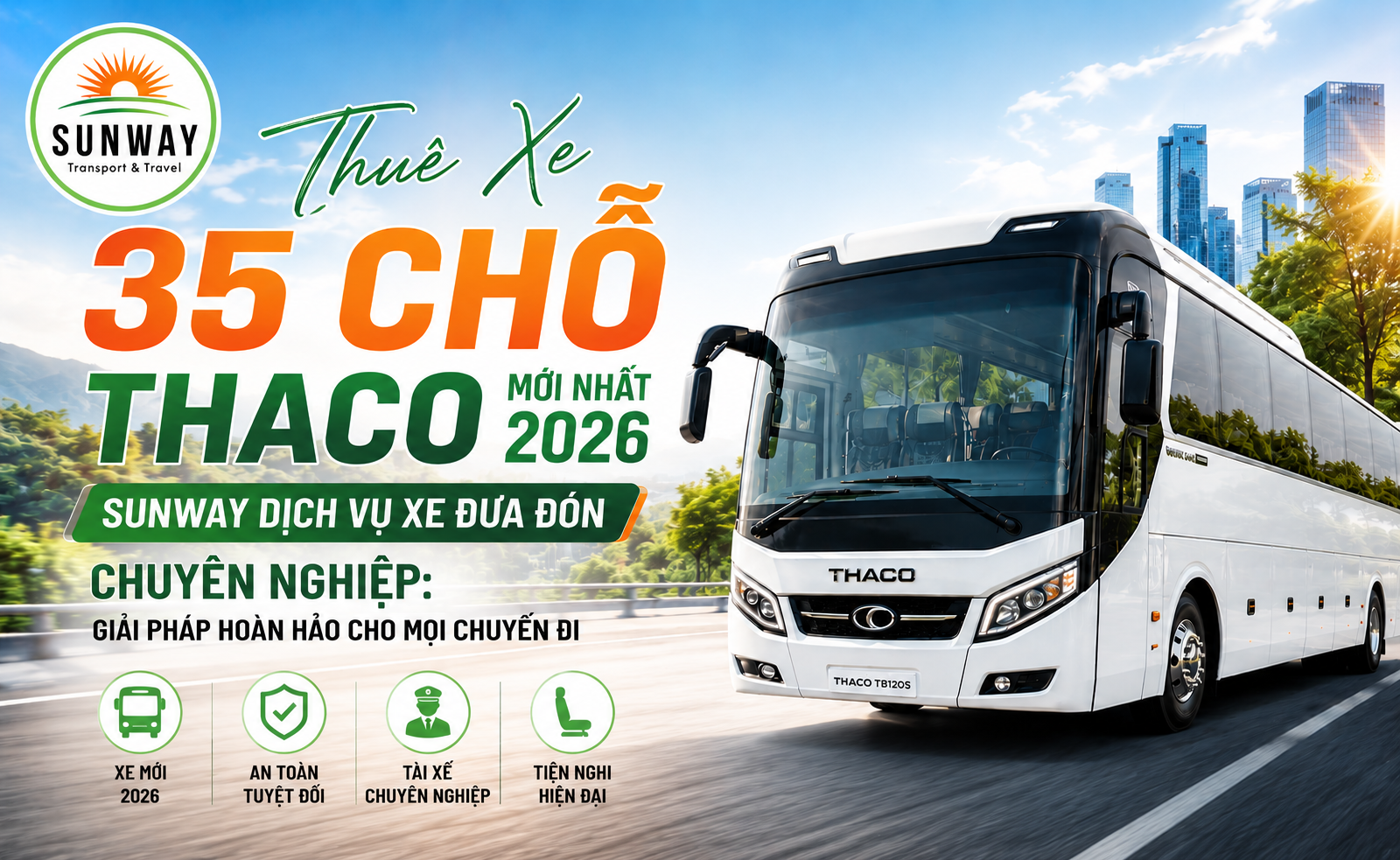 Thuê Xe 35 Chỗ Thaco Mới Nhất 2026 Sunway Dịch Vụ Xe Đưa Đón Chuyên Nghiệp: Giải Pháp Hoàn Hảo Cho Mọi Chuyến Đi